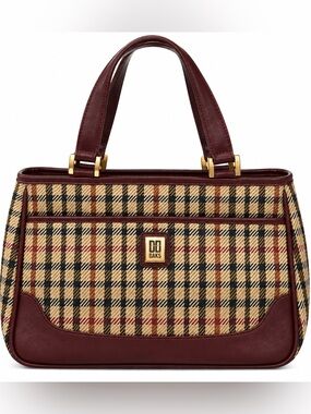 DAKS Vintage Plaid Structured Tote Satchel Burgundy Leather Trim